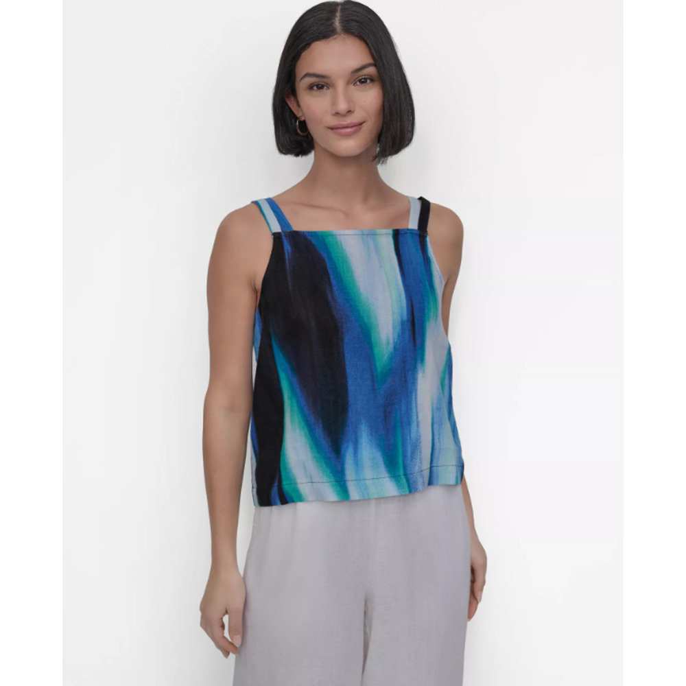 DKNY Women's Printed Tie-Strap Linen Tank Top Blue Size L 17236